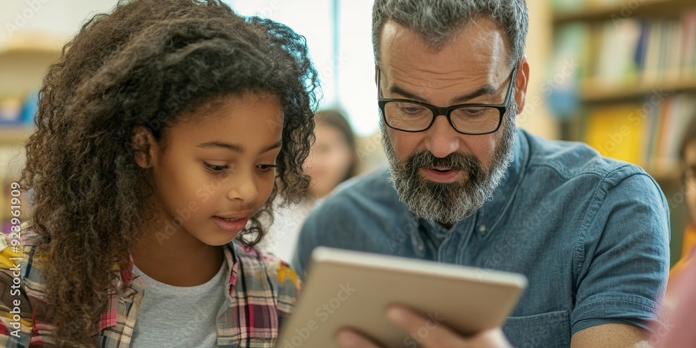 Poster a close-up of two teachers engaged in a passionate discussion over a tablet in a well-lit classroom 