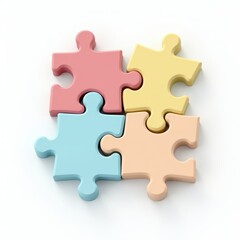 Fototapeta premium Close-up of four colorful interlocking puzzle pieces on a white background.