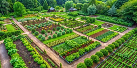 Aerial View of a Formal Garden with Geometric Patterns and Trimmed Bushes, aerial , garden , landscape , nature