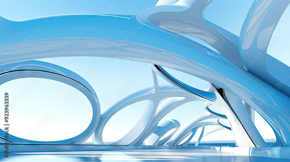 Poster Abstract architecture scene with smooth curves. Abstract background with futuristic building in white and blue colors.