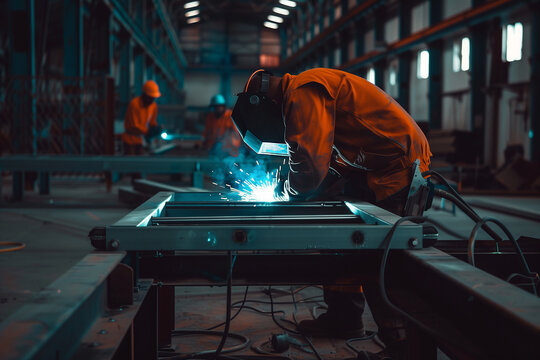 Workmen welding metal frames in a workshop, industrial workshop. Generative AI