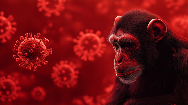 Chimpanzee facing red monkeypox virus particles, mpox outbreak visualization, primate and viral pathogen concept, zoonotic disease emergency illustration