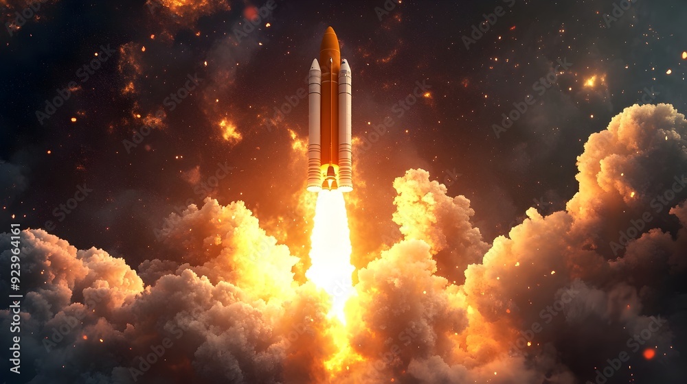 Poster powerful rocket spacecraft lifting off into vast cosmic space with fiery propulsion