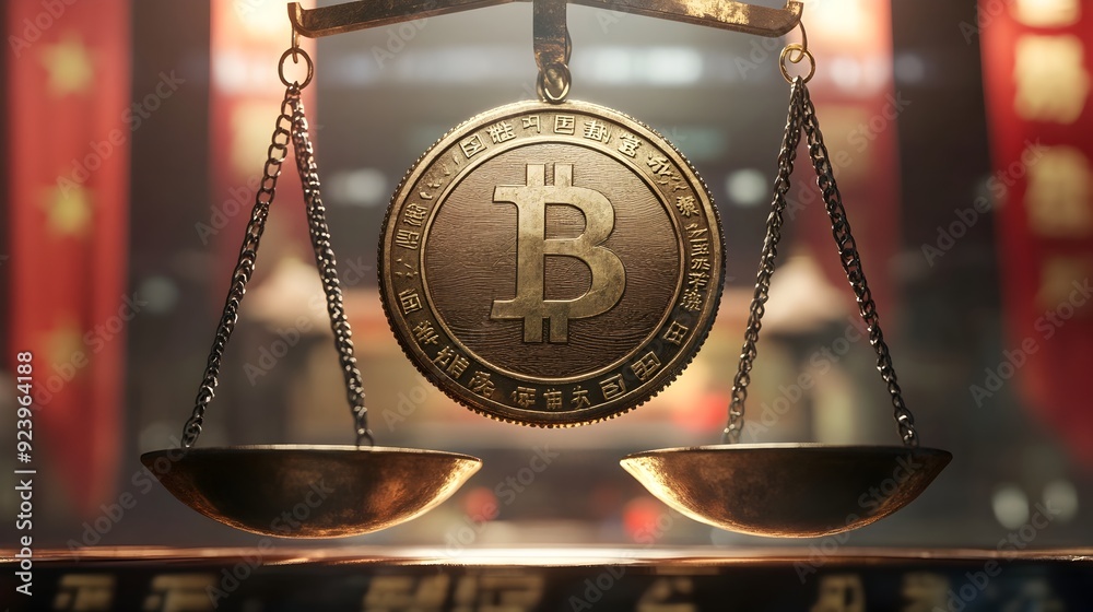 Poster powerful chinese yuan coin dominates global currency landscape on balancing scale
