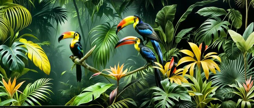 Toucans in a Lush Tropical Rainforest. Colorful Toucans Perch on a Branch in a Lush Rainforest: Vibrant Tropical Birds, Exotic Plants, and Jungle Scenery.