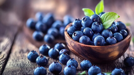 blueberries in a bowl on wooden background generated by AI technology