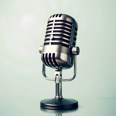 A vintage retro microphone with a grill and stand, evoking the 1950s radio era, perfect for a nostalgic touch.