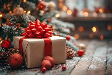 Christmas gift box with red bow on the background of the Christmas tree