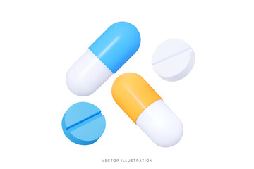 3D Blue and yellow medical pills. Oval capsule shaped tablets. Vitamins and antibiotics for health. Healthcare and medicine. Pharmacy drug. Cartoon icon isolated on white. 3D Vector illustration