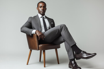 Elegant African American Businessman in Grey Suit Sitting Confidently in a Chair, Studio Portrait