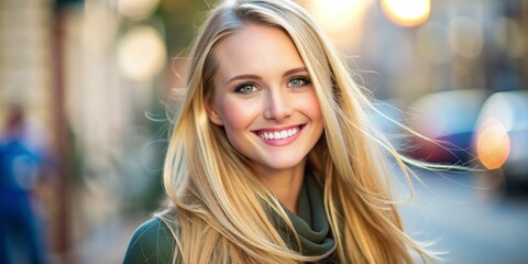 Blonde Beauty in City Lights, Portrait, Outdoor, Smile, Urban