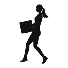 a Woman walking with carrying box with hands vector silhouette, isolated white background 