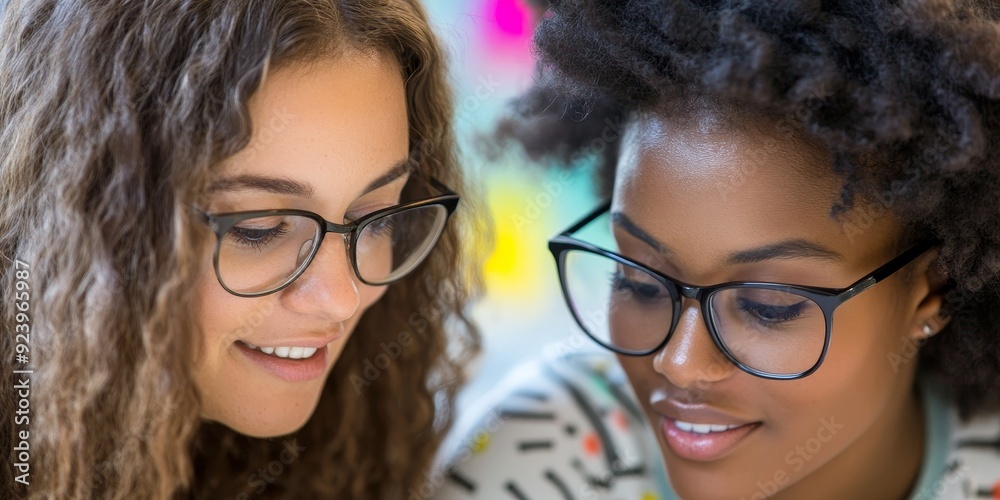 Poster Two teachers in a close-up image planning a classroom activity in a vibrant setting their focused faces showing dedication and creativity