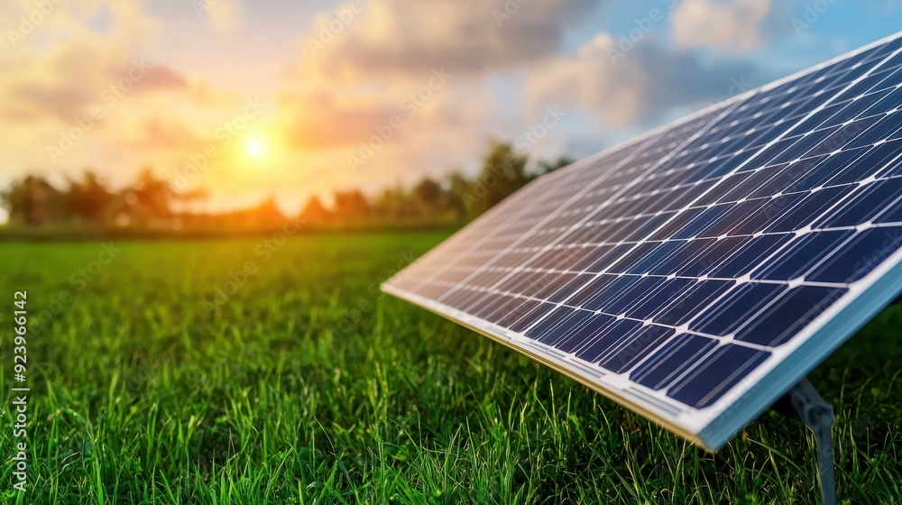 Wall mural a solar panel in a green field under a bright sunset, showcasing renewable energy and sustainable te