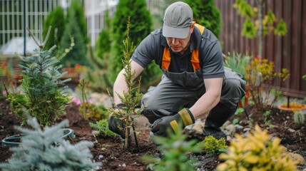 A professional gardener is planting trees in his backyard, doing some farming.