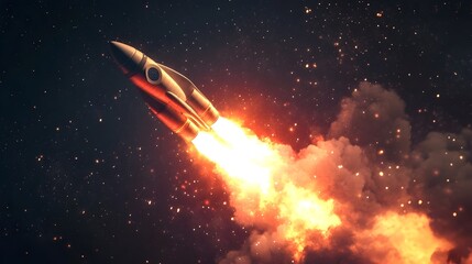 Rocket Launching into Vibrant Space with Fiery Explosion and Billowing Smoke