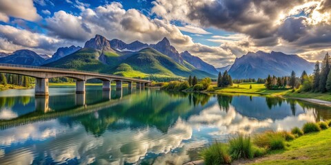 Fototapeta premium Bridge Over Serene Mountain Lake, Reflection, Cloudscape, Landscape, Nature, bridge, mountains