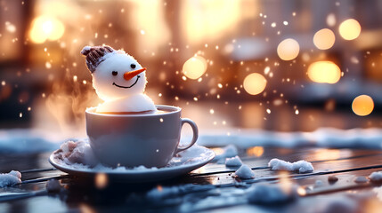 cute funny smiled snowman melting/having bath in cup of coffee / cappuccino / hot chocolate; hot drink in magical winter scenery; bokeh effect; copy space