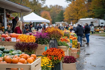 Bustling autumn harvest market with colorful produce and local vendors in a vibrant community setting
