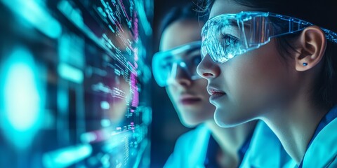 Two scientists in a close-up shot analyzing data on a holographic display in a high-tech medical research facility their expressions showing deep concentration