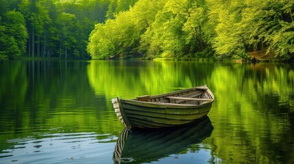 A tranquil scene of a rowboat floating on a calm lake surrounded by vibrant green trees