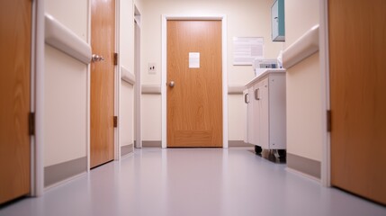 A clean hospital corridor featuring wooden doors and medical equipment, emphasizing healthcare environment and patient safety.