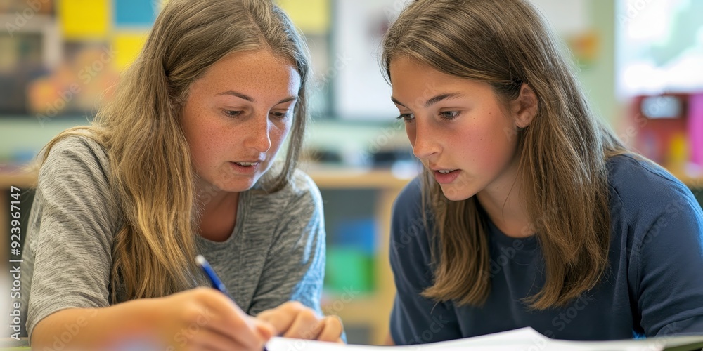 Aufkleber Two educators in a close-up shot analyzing a student?s work with serious and thoughtful expressions as they collaborate in a colorful classroom