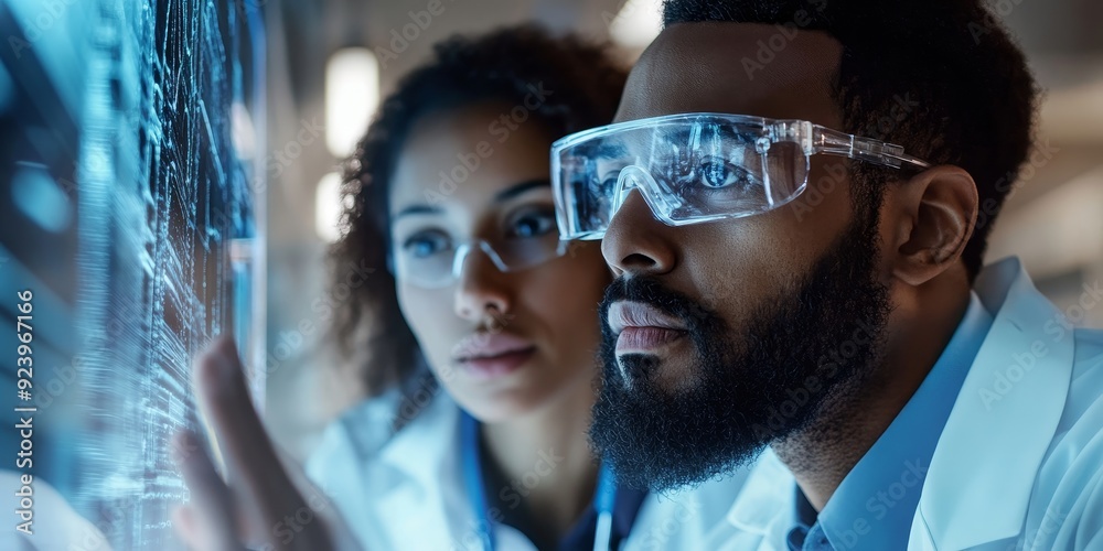 Leinwandbilder two scientists in a close-up shot analyzing data on a holographic display in a high-tech medical res