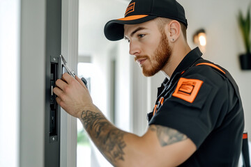 Focused Male Service Technician with Tattoos Fixing Door Lock, Professional in Modern Uniform