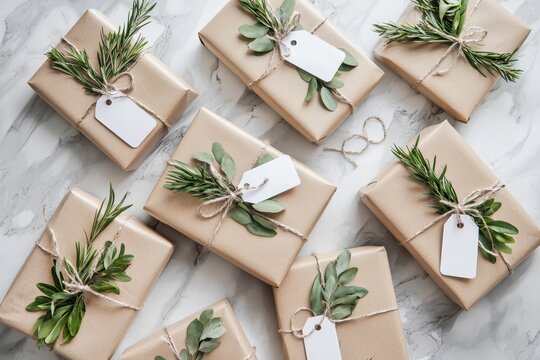 Elegant gift wrapping with natural elements and tags arranged on a light marble surface