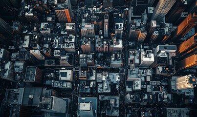 A cityscape with tall buildings and a street view. The city is lit up at night, giving it a vibrant and lively atmosphere