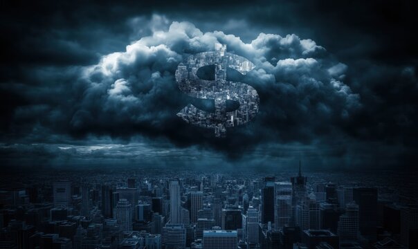 A city skyline with a large dollar sign in the sky. The sky is dark and cloudy, giving the image a moody and ominous feel