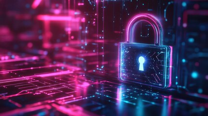 Neon holographic lock with dynamic geometric designs, futuristic cyber security