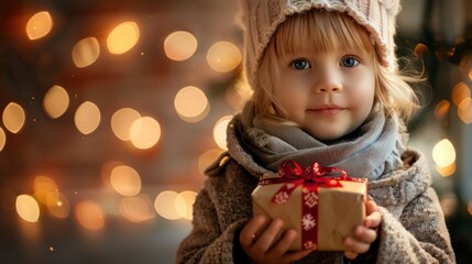 A blond boy in a winter coat holding a gift box happily on the day of the celebration, an important holiday event