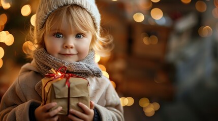 A blond boy in a winter coat holding a gift box happily on the day of the celebration, an important holiday event