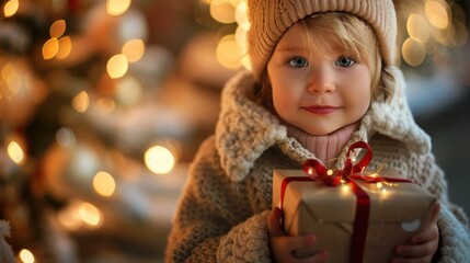 A blond boy in a winter coat holding a gift box happily on the day of the celebration, an important holiday event