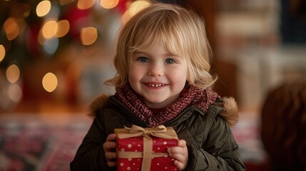 A blond boy in a winter coat holding a gift box happily on the day of the celebration, an important holiday event