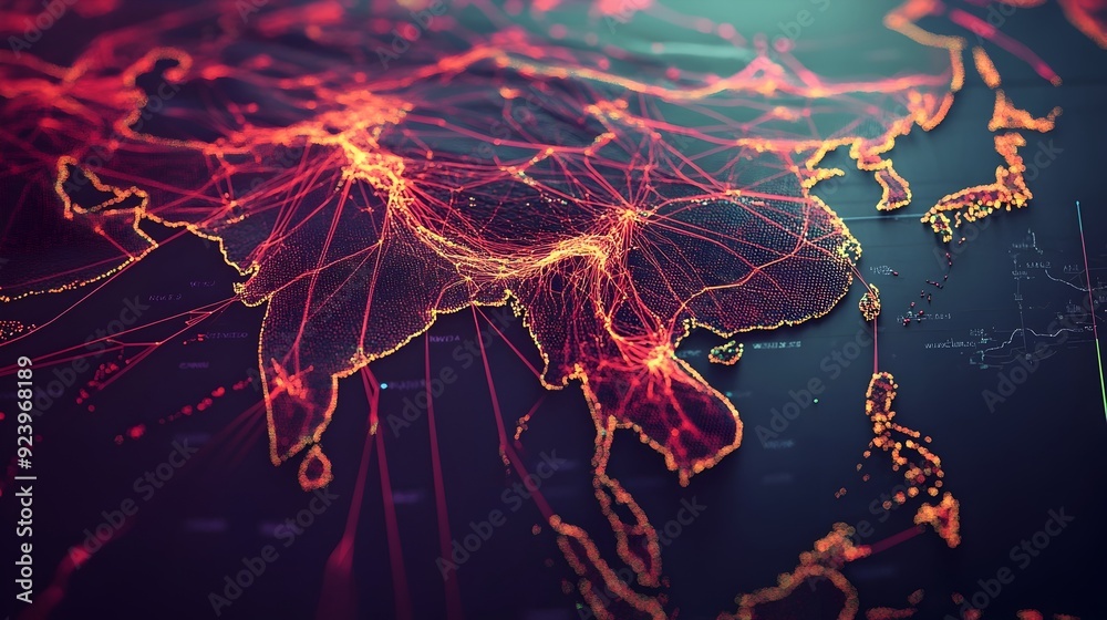 Poster Skewed Global Trade Routes Centered on China in 3D Map Visualization