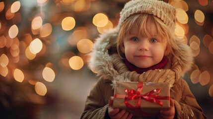 A blond boy in a winter coat holding a gift box happily on the day of the celebration, an important holiday event