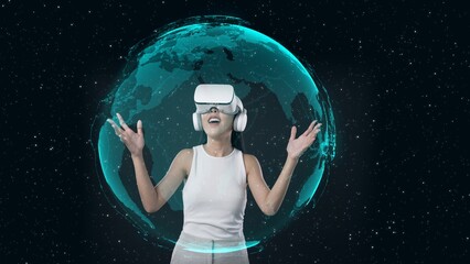Excited Woman in VR interacting rotating digital globe representation 3D hologram world network communication technology innovation visual animation studio portrait starry background. Hallucination.