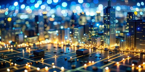 Obraz premium Cityscape on a Circuit Board, 3D Render, Miniature City, Technology, Urban Landscape , futuristic city, night cityscape