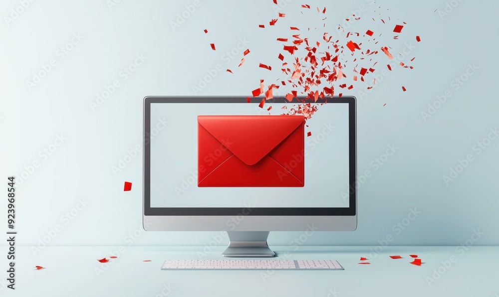 Poster a computer monitor shows a red envelope with a red background. the envelope is surrounded by red con