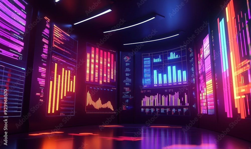 Poster a computer monitor displays a colorful array of graphs and numbers. the room is brightly lit, and th