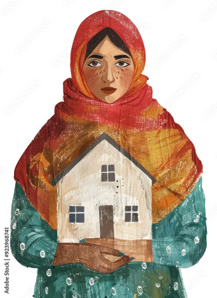 Poster png palestinian woman holding home art illustrated painting.