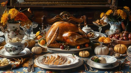 A Thanksgiving feast brings family and friends together to share gratitude and delicious food.