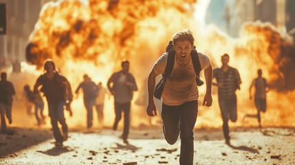 Fototapeta premium Frightened people running from explosion in urban setting. AI generated.
