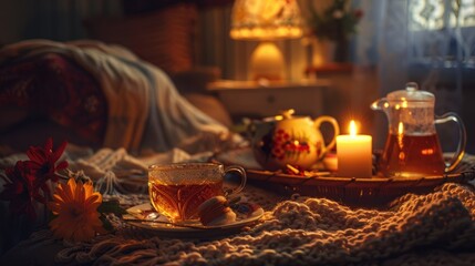 Homey setting with tea candles and knitting