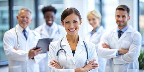 Fototapeta premium Confident Female Doctor Leading a Team of Healthcare Professionals, Stethoscope, Doctor, Medical, Healthcare