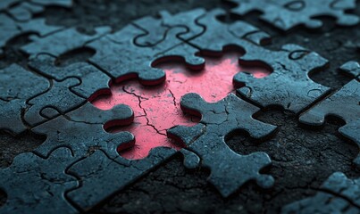 Fototapeta premium A jigsaw puzzle with a red piece missing. The puzzle is on a black background. The missing piece creates a sense of incompleteness and curiosity