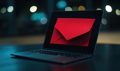 A laptop screen shows a red envelope with a message inside. Concept of anticipation and excitement, as the recipient of the envelope is likely expecting something important or special
